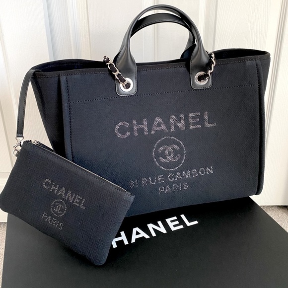 FULL SET - CHANEL Deauville Large Shopping Bag (Black Canvas w/ Silver Hardware) - Picture 10 of 17
